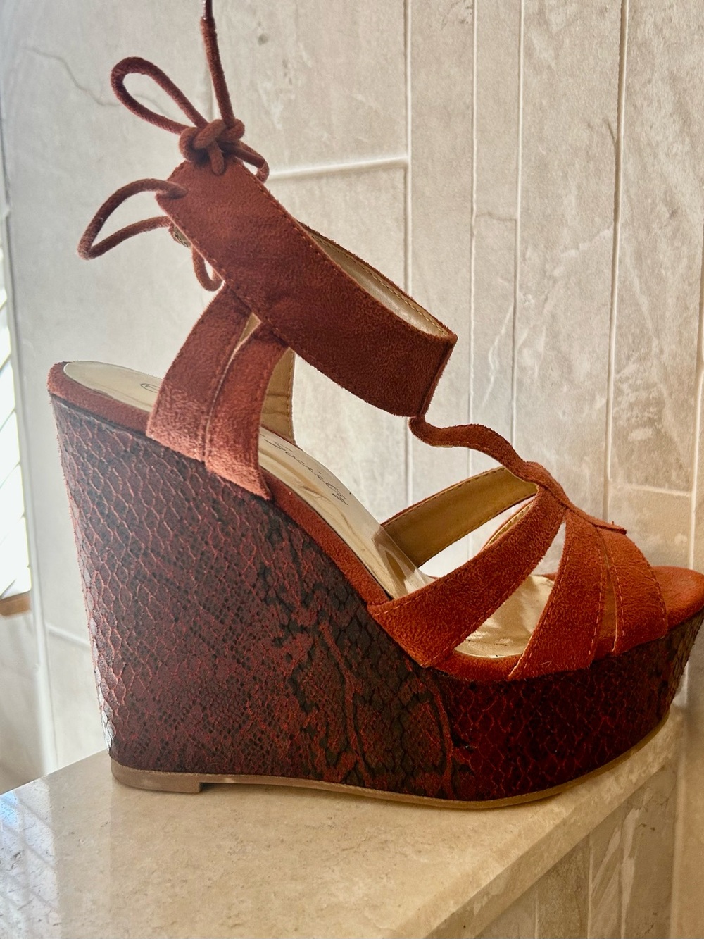 Streetwear Society Rust Suede Wedge Sandals with Ankle Tie